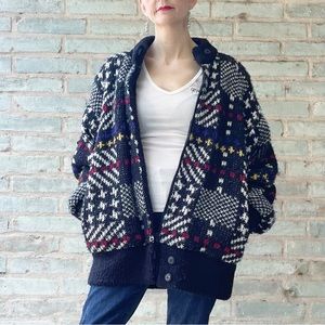 Vintage Sweater Coat 80s Oversized Plaid Black White Knit Cozy Bomber Jacket